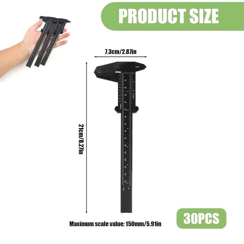 TNJPSEK 30 Pack Plastic Vernier Caliper, 150mm Eyebrow Measuring Tool, Mini Sliding Ruler Caliper Gauge for Students DIY Crafts School Office Tattoo Eyebrow Artists Use (Black, 0-6"/0-150mm) - Image 2